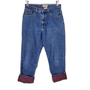 LL Bean Red Plaid Flannel Jeans Women Size 12 31X30 Blue Relaxed Fit Cotton